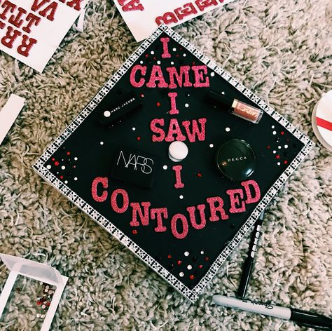 Makeup graduation cap Makeup Graduation Cap, Cosmetology Graduation Cap, Funny Graduation Cap Decoration, Cosmetology Graduation, Makeup Graduation, Creative Graduation Caps, College Grad Cap Ideas, Senior Szn, Cap Graduation