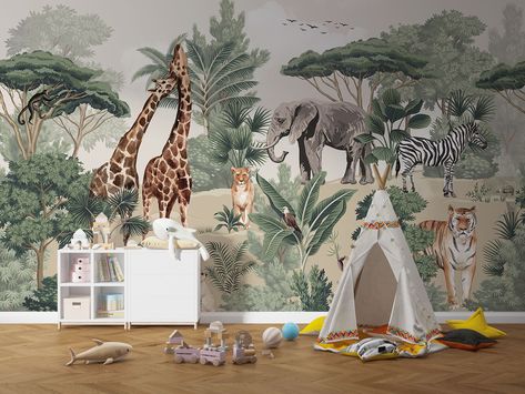 Animals Africa, Nursery Jungle, Jungle Wall Mural, Kids Room Wall Murals, Kindergarten Wallpaper, Wallpaper Tropical, Safari Wallpaper, Safari Animals Nursery, Nursery Mural