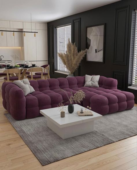 Living Room | Purple Couch | Black Walls | Modern Living Room | Furniture | Interior Design | Home Decor #couch #livingroomdesign #livingroomfurniture #livingroomdecorideas #interiordesign #interior #interiordesignideas #furniture #homedecorideas #homedesign Purple Couch Living Room Ideas, Living Room Ideas Purple And Grey, Purple Couch Living Room Decor, Purple Couch Living Room, Purple Sofa Living Room, Lavender Couch, Living Room Design Navy, Grey And Purple Living Room, Purple Living Room Decor