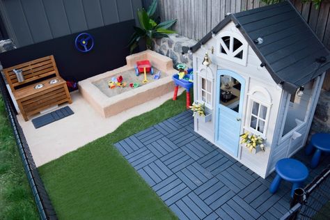 How to create an epic outdoor play area for kids - including a #kmarthack cubby house and DIY sandpit Outdoor Small Spaces Ideas, Artificial Turf Play Area, Outdoor Play Areas Small Space, Backyard Play Area For Toddler, Small Outdoor Kids Play Area, Toddler Yard Play Area, Outdoor Play Spaces Diy, Side Yard Play Area For Kids, Porch Play Area For Kids