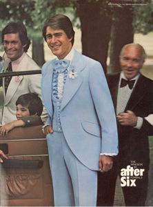 1975 After Six ad (partial) 80s Prom Men, 1970s Mens Suit, 70s Prom, Blue Tux, Prom Men, 1970s Wedding, 1970s Men, Tuxedo Shirt Men, Vintage Tuxedo