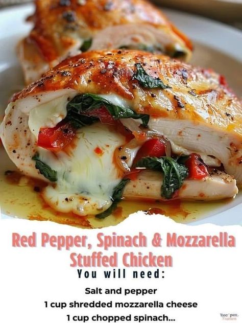 Lidia Bastianich 🍜🍲 | Roasted Red Pepper, Spinach, and Mozzarella Stuffed Chicken | Facebook Mozzarella Stuffed Chicken, Spinach And Mozzarella, Spinach Mozzarella, Recipes With Mozzarella Cheese, Mozzarella Chicken, Tender Chicken Breast, Roasted Red Pepper, Chopped Spinach, Stuffed Chicken