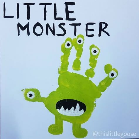 52 Likes, 3 Comments - Toddler Activities (@thislittlegoose) on Instagram: “We also managed to get this done of our friends hand while Goose slept. She was a total champ for…” Halloween Crafts For Toddlers, Monster Crafts, Footprint Crafts, Green Monster, Handprint Crafts, Daycare Crafts, Handprint Art, Halloween Crafts For Kids, Toddler Art