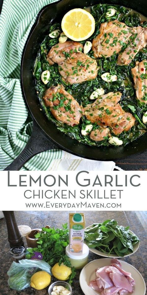 Garlic Chicken Skillet, Baked Lemon Chicken Breast, Lemon Chicken Breast Recipes, Baked Lemon Chicken, Chicken Skillet, Lemon Garlic Chicken, Spinach Recipes, Paleo Dinner, Low Carb Gluten Free