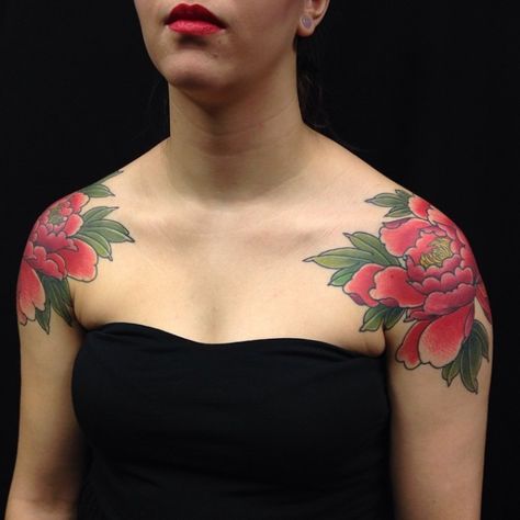 Shoulder Piece Tattoo, Japanese Peony Tattoo, J Tattoo, Burning Passion, Garden Tattoos, Garden Tattoo, Creative Fashion Photography, Chest Piece Tattoos, Peonies Tattoo