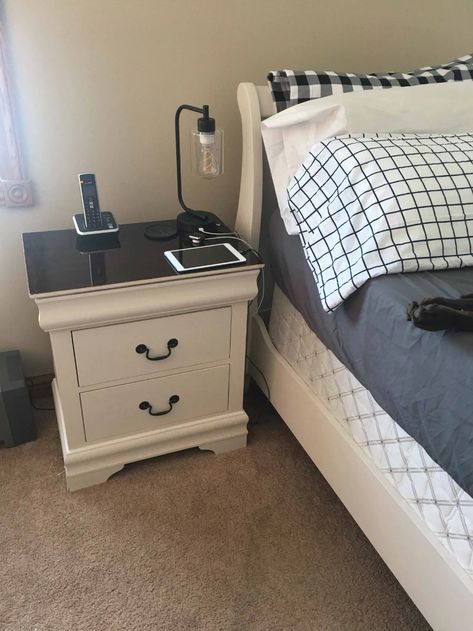 DIY Farmhouse Bedroom Makeover – Chalk Painted Nightstands Chalk Paint Nightstand, Chalk Painted Nightstand, Farmhouse Black Nightstands, Farmstyle Nightstand, White Chalk Painted Nightstands, Cherry Wood Bedroom Furniture, Cherry Wood Bedroom, Diy Farmhouse Bedroom, Farmhouse Nightstand