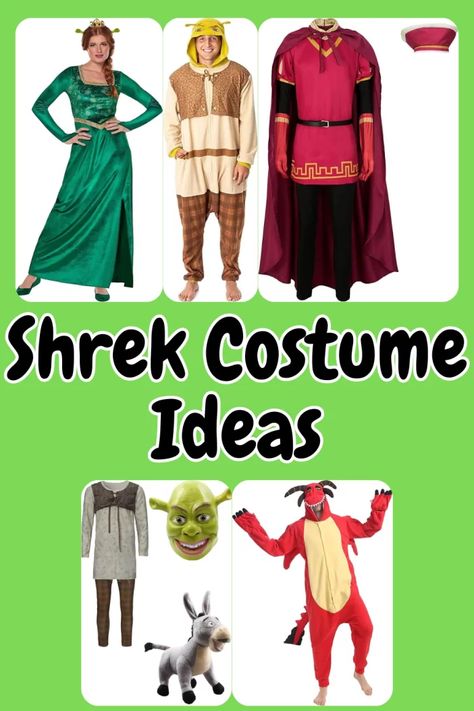 Shrek group costume ideas Shrek Family Costume, Diy Shrek Costume, Shrek Donkey Costume, Shrek Costume Ideas, Shrek Characters, Fiona Costume, List Of Halloween Costumes, Donkey Costume, Halloween Dress Up Ideas