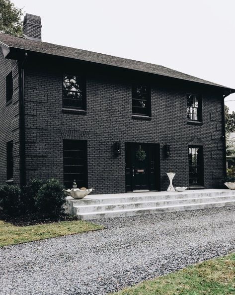 Dark Brick Homes Exterior, Dark Home Exterior, Black Brick House, Black Houses, Painted Brick House, Home Exteriors, Brick Cladding, Victorian Farmhouse, Brick Exterior