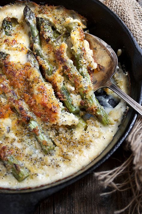 Baked Asparagus with Cheese Sauce - Seasons and Suppers Skillet Asparagus, Asparagus With Cheese, Asparagus Side Dish, Creamy Cheese Sauce, Asparagus Recipes Baked, Grilled Asparagus Recipes, Baked Asparagus, Cast Iron Recipes, Fresh Asparagus