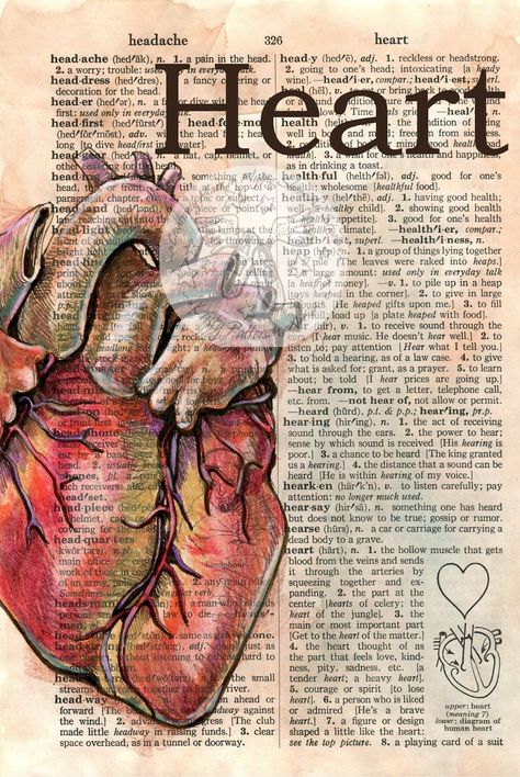 Heart by Kristy Patterson Heart Mixed Media, Mixed Media Drawing, Media Drawing, Newspaper Art, Book Page Art, Dictionary Page, Dictionary Art, Heart Drawing, Medical Art