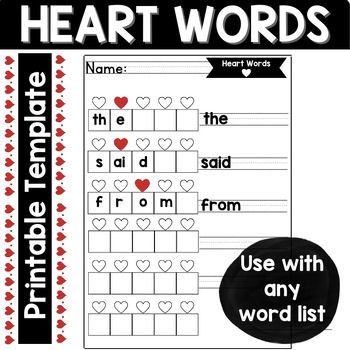 This is a great, versatile template to use with any heart words or high frequency words you plan to introduce to your students. This template can be used with ANY word list. Not sure where to start with heart word instruction? Check out my FREE Heart Word Instructional Routine HERE! Want even more info on heart word instruction? Check out my full blog post HERE!My first graders love using this template to map our new words each week. You can have students color in the irregular, "heart parts" or even add a little extra flair by providing them with small heart-shaped stickers.This template is good for mapping words with up to five phonemes. Heart Words Anchor Chart, Heart Word Centers, Heart Word Display, Heart Word Wall, Teaching Necessities, Boundaries Relationships, Classic Classroom, Ufli Foundations, Intervention Teacher