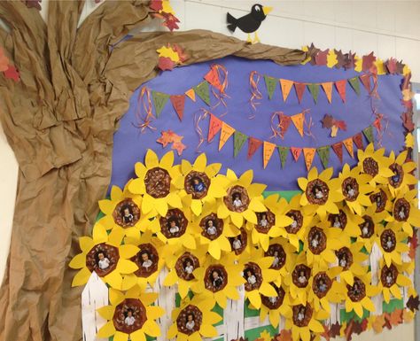 We're BLOOMING in Kinder"GARDEN"!! Fun bulletin board idea. Fall themed with sunflowers! Garden Bulletin Boards, Sunflower Bulletin Board, Sunflower Classroom, Garden Theme Classroom, Fall Bulletin Board, Classroom Boards, Bulletin Boards Classroom Decor, Classroom Decor High School, Paper Pom Pom