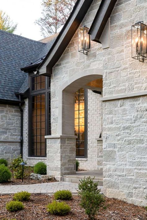 Gorgeous European-inspired home with a contemporary twist in Asheville French Contemporary Home, Modern Outdoor Living Space, French Country Exterior, Stone Exterior Houses, Modern Outdoor Living, Stil Industrial, Brick Exterior House, French Architecture, Construction Home