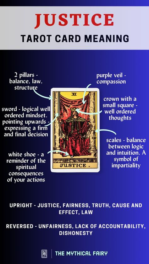 Meet Justice, your cosmic judge! Upright, it's all about fairness, truth, and law. Got a tough decision to make? Justice is on your side. But reversed, beware of bias and unfairness. Balance your scales and embrace your truth with Justice! Unlock the secrets of the Universe with a FREE tarot reading! Curious about your love life? Get a FREE love tarot Explore the mystical realms of crystals, reiki, and energy healing all in one place by clicking the link above NOW! Justice Card Tarot, Tarot Justice, Purple Veil, Mythical Fairy, Justice Tarot Card, Best Tarot Decks, Justice Tarot, Free Tarot Reading, Tough Decisions