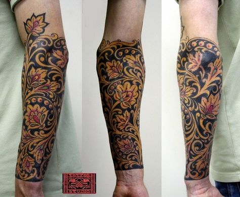 Khokhloma Tattoo, Traditional Ukrainian Tattoo, Slavic Tattoo, Ukrainian Tattoo, Tattoo Pierna, Slavic Style, Ink Link, Cuff Tattoo, Russian Tattoo