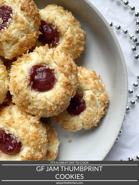 GF Jam Thumbprint Cookies | A Day in the Kitchen Jam Thumbprint Cookies, Almond Shortbread Cookies, Jam Cookies, Cookie Ball, Coconut Almond, Cookie Calories, Thumbprint Cookies, Storing Cookies, Egg Wash