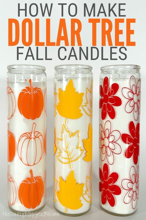 Dive into the festive season with this easy DIY tutorial! Learn how to craft exquisite Dollar Tree Fall Candles using our complimentary SVG bundle. It's a budget-friendly and delightful way to infuse your space with autumnal warmth and charm. Step by step, transform simple materials into captivating décor pieces that resonate with the spirit of fall. Don't miss out on this chance to sprinkle a little magic into your home this season! Dollar Tree Candle Crafts Cricut, Fall Soy Candles Diy, Diy Fall Scented Candles, Dollar Tree Pillar Candles Cricut, Fall Dollar Tree Crafts, Diy Fall Scented Soy Candles, Dollar Tree Fall Crafts, Fall Pillar Candles, Fall Candle Centerpieces