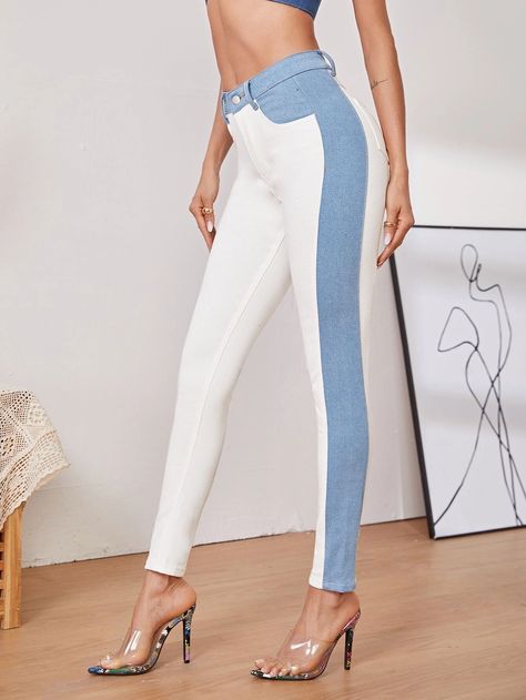 Color Block Skinny Jeans | SHEIN USA Straight Leg Color Block Jeans, High Waist Color Block Cotton Jeans, High Rise Color Block Denim Jeans, Trendy Two-tone Color Block Bottoms, High-rise Color Block Denim Jeans, Color Block, Women Jeans, Color