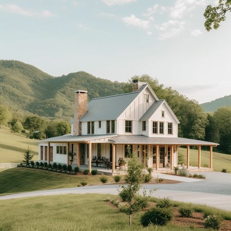 Home Design, Ai Home Design, Farmhouse Style Exterior Mountain Home Wrap Around Porch Metal Roof White Home Home Wrap Around Porch, Porch Metal Roof, Dream Farmhouse, Barn Style House Plans, Dream Life House, Barn Style House, Wrap Around Porch, Modern Barn, House Plans Farmhouse