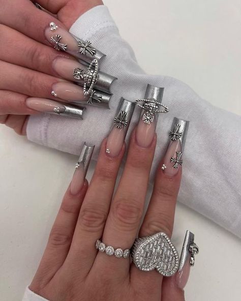 Silver Acrylic Nails, Long Press On Nails, Silver Nail, Nagel Tips, Coffin Nails Long, Acrylic Nails Coffin, Silver Nails, Stick On Nails, Artificial Nails