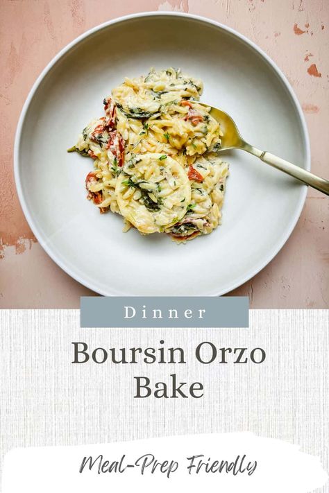 This creamy, tuscan spinach, lemon and boursin orzo bake makes for the perfect family friendly dinner and its sure to impress your guests! #onepandinner #easydinner #healthydinner #orzo #orzorecipe Orzo Boursin, Boursin Orzo, Orzo Bake, Boursin Chicken, Lemon Orzo, Orzo Recipes, Chicken Orzo, Chicken Spinach, One Pan Dinner