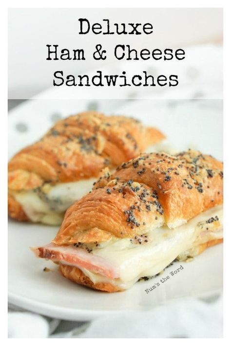 Baby shower appetizer ideas - These Deluxe Ham & Cheese Sandwiches are the perfect way to use up your leftover ham. Yummy ham and Swiss cheese inside a flaky buttery croissant with a yummy topping make for a great lunch, dinner or appetizer! #lunch #dinner #appetizer #ham #leftoverham Ham Lunchmeat Recipes, Leftover Ham Sandwich, Deli Sliced Ham Recipes, Ham Croissant Sandwich, Crossaint Sandwich Ideas, Ham Cheese Sandwiches, Dinner Ham, Appetizer Dinner, Ham Dishes