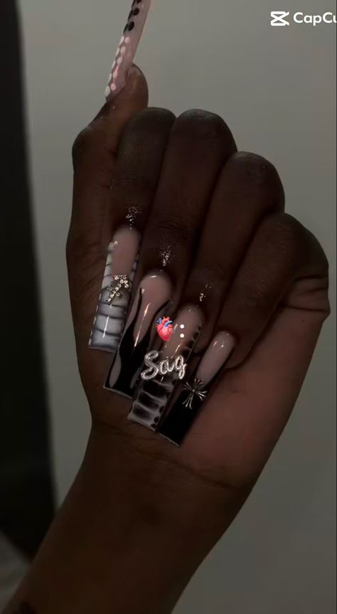 Saggitarius Birthday Nail Ideas, Black Sagittarius Nails, Birthday Sagittarius Nails, Sagittarius Birthday Nail Ideas, Sagittarius Birthday Nails Designs, Birthday Nails For Sagittarius, Sag Nail Designs, Sag Birthday Nails, Sagittarius Acrylic Nails