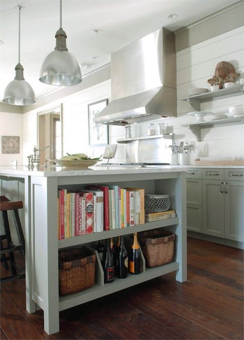 Kitchen open shelves add charm and character to a kitchen. Click through for other ways to incorporate open shelving in a kitchen. Cookbook Storage, Cookbook Shelf, Green Kitchen Cabinets, Kitchen Island Design, Grey Kitchen Cabinets, Kitchen Diy, Grey Kitchen, Trendy Kitchen, Green Kitchen