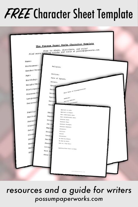 In this Possum Paper Works writing tip, we discuss how to use character questionnaires to develop plot and characteriztions! Includes free template doc, great for NaNoWriMo prep, along with tips on how to create and utilize your own character questionnaire! #PossumPaper #art #writing #write #WritingTips #advice #quote #WritingBlog #inspirational #blog #summary #WritingInspiration #characters #productivity #books #characterization #WritingWorksheet #CharacterDevelopment #free #worksheet #fiction Character Sheet Writing Worksheets, Nanowrimo Prep Worksheets, Character Sheet Template Writing, Writing Characters Worksheets, Character Building Template, Detailed Character Profile Template, Character Profile Template Writing, Character Creation Sheet Writing, Character Info Sheet Template