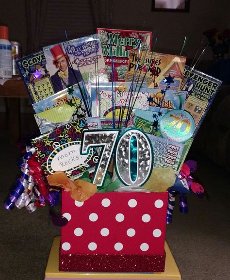 70th Birthday Gift Idea. Made with Scratchy Tickets and Envelopes Filled With Money. Scratchie Gift Ideas, 70th Birthday Ideas For Mom Gift, 70 Th Birthday Gift Ideas, Diy 70th Birthday Decorations, 70th Birthday Gift Ideas For Dad, 40th Birthday Gifts Diy, 70th Birthday Favors, 70th Birthday Ideas For Mom, 70th Birthday Gift Ideas