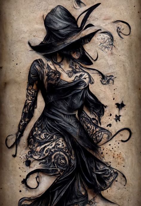 Hayley Ploos Tattoo, Thigh Witchy Tattoos Women, Realistic Witch Tattoo, Feminine Witch Tattoo, Sorceress Tattoo, Backpiece Tattoo For Women, Phoenix Tattoo For Men, Upper Back Tattoos, Beautiful Tattoos For Women