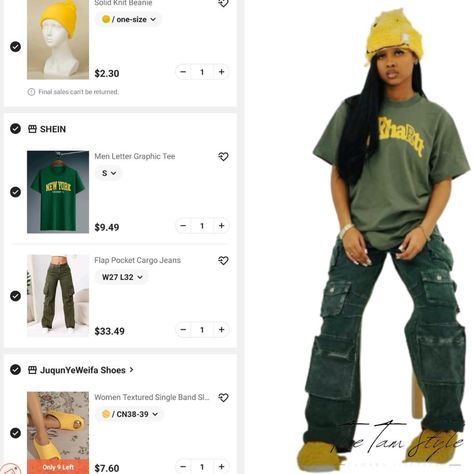 Tomboy Shein Outfits, Shein Tomboy Outfit Ideas, Green Cargo Jeans For Summer Streetwear, Shein Streetwear Outfits, High-waisted Cargo Jeans For Summer Streetwear, Green Cargo Jeans For Fall Streetwear, Shein Outfits Summer 2023 Baddie, Hbcu Fashion, Streetwear Girl