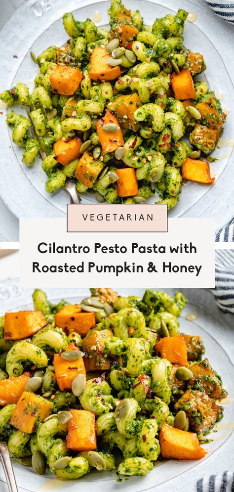 Incredible cilantro pesto pasta with roasted pumpkin, honey and a sprinkle of red chili flakes. This vegetarian pumpkin pesto pasta recipe is a delicious, fall take on regular pesto pasta with the addition of sweet & spicy roasted pumpkin, pepitas and plenty of cozy spices. Enjoy on its own or with your favorite proteins for the perfect main dish or side! #pasta #pumpkin #pesto #healthydinner #healthylunch #vegetarian Side Pasta, Pumpkin Pesto, Pasta Pumpkin, Pesto Pasta Recipe, Cilantro Recipes, Meatless Dishes, Cilantro Pesto, Pesto Pasta Recipes, Pistachio Pesto