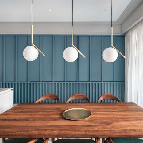 blue painted geometric wood accent wall, modern globe and brass pendant lights // fort & field Wall Panel Design, Wood Accent Wall, Panel Moulding, Slat Wall, Accent Lighting, Wall Cladding, Furniture Inspiration, Wood Slats, Wall Treatments