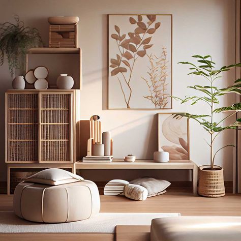 Japanese Interior Design Zen, Japandi Interiors Bedroom, Japan Living Room, Japanese Style Living Room, Ruangan Studio, Japandi Home Decor, Japandi Living Room, Japandi Interior Design, Japandi Interiors