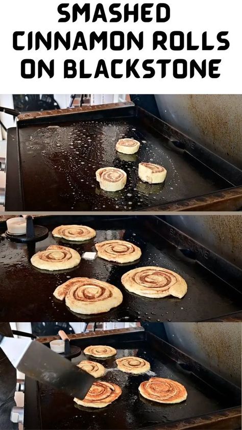 Experience cinnamon roll perfection like never before with our Blackstone Smashed Cinnamon Rolls.– they're quick, taking less than 15 minutes, and require minimal prep; just preheat your flat top griddle, and you're good to go!#smashedcinnamonrollsonblackstone#smashedcinnamonrollsblackstone#blackstonesmashedcinnamonrolls Camping Food On Griddle, Flat Top Desserts, Camping Breakfast Blackstone, Baked Potatoes On Blackstone Griddle, Black Stone Cinnamon Rolls, Black Stone Flat Top Grill Recipes, Smashed Cinnamon Rolls On Blackstone, Blackstone Recipes For Beginners, Things To Cook On The Blackstone