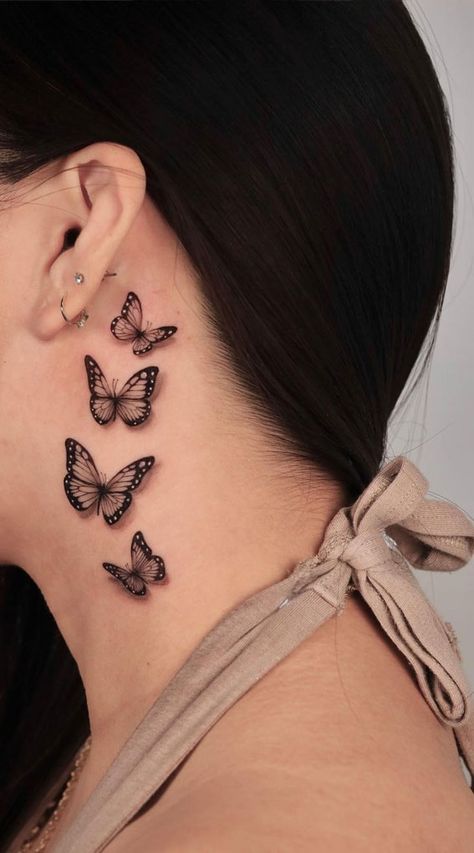 3d butterfly behind ear tattoo, Small Tattoo Ideas, Simple Tattoos, finger tattoos, simple tattoo ideas, cute tattoo ideas, butterfly tattoos, dainty tattoos, tiny tattoo ideas, small meaningful tattoos Small Butterfly Tattoo Behind Ear Simple, Butterfly Tattoos Behind Ear, Butterfly Tattoo Behind Ear, Tattoos Behind Ear, Realistic Butterfly Tattoo, Butterfly Neck Tattoo, Butterfly Name Tattoo, 3d Butterfly Tattoo, Behind Ear Tattoos