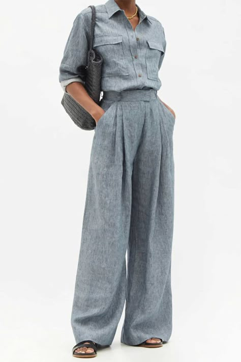 Meet our favourite pant silhouette for spring/summer dressing. Yes, wide-leg trousers can look achingly stylish with elevated accessories, but they can also play it super-cool when you’re feeling low-key. More than anything, we love a cut that combines comfort, style and versatility. Here’s how to wear them right now. Blue Linen Pants Outfit, Wide Pants Outfit, Blue Linen Pants, Linen Pants Outfit, Cotton Twill Jacket, Linen Fashion, Three Graces, Wide Trousers, Plain Dress