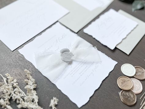 Elegant Gray Wedding Invitation Set w/ Deckled Edge, Wax Seal & White Chiffon Ribbon, Printed on White Stock, Vintage Formal Wedding Invite Addressing Invitations, Timeless Wedding Invitations, Border Decoration, Stylish Wedding Invitation, Grey Wedding Invitations, Chiffon Ribbon, Formal Wedding Invitations, Gray Wedding, Classic Wedding Invitations