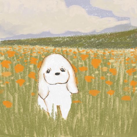 by tri.tri08 on instagram Flower Field Illustration, Field Illustration, Grass Drawing, Doodles Ideas, Three Dogs, Dog Flower, Dog Illustration, Dog Drawing, Flower Field