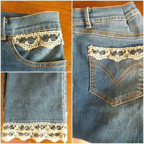 Lengthen and embellish your jeans using lace! Lengthen Jeans Diy Ideas, How To Lengthen Jeans, Lengthen Jeans, Lengthen Pants, Diy Lace Jeans, Alter Jeans, Altering Jeans, Denim Clothes, Lace Jeans