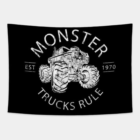 This Monster Trucks Rule t-shirt is a great gift or present for both boys and girls who love the races.The vintage design is a great way to celebrate your love for monster truck races. -- Choose from our vast selection of tapestries to match with your desired size to make the perfect custom tapestry. Pick your favorite: Movies, TV Shows, Art, and so much more! Available in small, medium, large. Perfect for decorations in apartments, bedrooms, and dorm rooms. Boys Monster Truck Bedroom, Monster Truck Kids Room, Monster Truck Bedroom, Monster Truck Room, Truck Bedroom, Monster Truck Kids, Truck Room, Monster Truck Racing, Toddler Boys Room