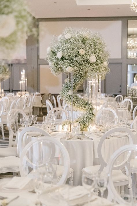 Baby Breath Centerpiece Wedding, Silver Reception Decor, Balloon Ceiling Decor, Fairytale Ballroom, Sweetheart Backdrop, Baby Breath Centerpiece, Cold Sparklers, Luxury Wedding Centerpieces, White Silver Wedding