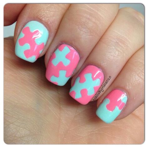 Puzzle piece nails Puzzle Piece Nail Art, Puzzle Nails Design, Puzzle Nail Art, Puzzle Piece Nails, Bingo Nails, Puzzle Makeup, Puzzle Nails, Puzzle Theme, Back To School Nails