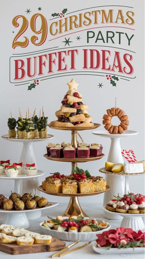 This image presents 29 Christmas party buffet ideas, showcasing an assortment of elegant holiday foods. The spread includes a Christmas tree-shaped bread tower, skewered appetizers, cheese bites, mini tarts, and festive garnishes. Perfect for creating an inviting Christmas party food spread or brunch! Easy Christmas Party Food, Food Ideas For A Crowd, Christmas Party Buffet, Hot Cocoa Bar Christmas, Christmas Party Food Ideas, Ultimate Christmas Party, Easy Christmas Party, Buffet Set Up, Party Stations