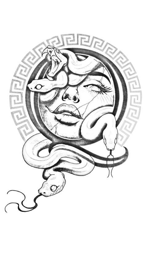 Versace Tattoo, Beautiful Spine Tattoos, Medusa Drawing, Atlas Tattoo, Spine Tattoo Ideas, Black And White Snake, Medusa Tattoo Design, African Tattoo, Snake Tattoos