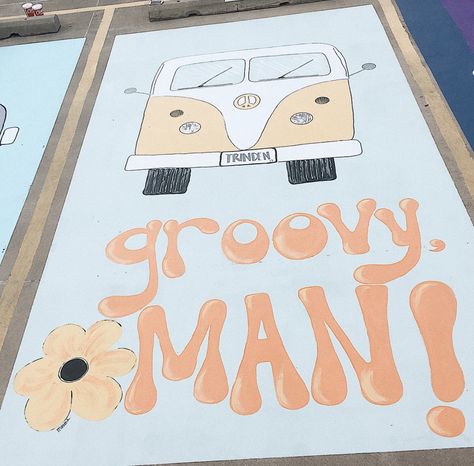 Cute Parking Spots, Hippie Parking Spot Painting, Parking Spot Painting High School Cute, Cute Parking Spot Paintings, Parking Spot Painting High School, Painted Parking Spots Senior, Painted Parking Spaces Ideas, Painted Parking Spots, Senior Spots