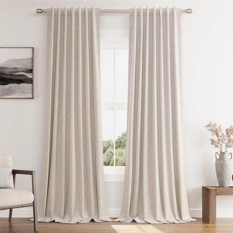 PRICES MAY VARY. 100% Blackout Curtains: A full blackout white coating is attached to the back of our linen curtains, blocking 100% of sunlight and UV rays. Provide you a complete private and personal space for a sweet sleep or rest. Good choice for bedrooms, nursery, living rooms, offices, patio door. Also perfect for babies, night shift workers and people people sensitive to light Natural Linen Blend: These linen blackout curtains are crafted from a natural linen blend fabric, with a linen tex Curtains With Matching Pillows, Guest Bedroom Curtains, Modern Organic Curtains, Off White Curtains Living Room, White Linen Curtains Living Room, Beige Bedroom Curtains, Curtains For White Walls, Living Room Curtains Ideas Modern, Long Curtains Living Room