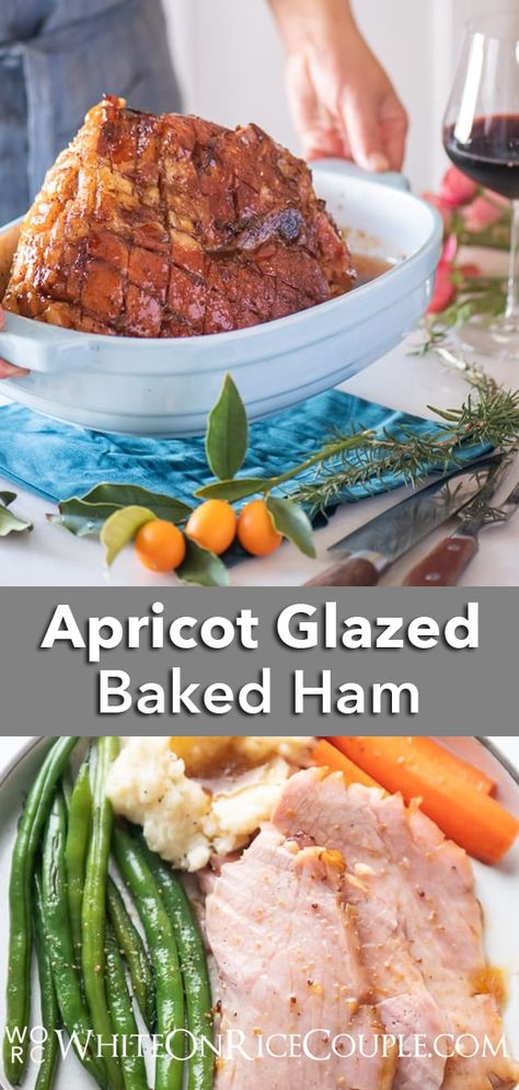 Easy Baked Ham Recipe with Apricot Glaze | WhiteOnRiceCouple.com Glazed Baked Ham, Baked Ham Recipe, Honey Ham Glaze Recipe, Honey Baked Ham Recipe, Apricot Glaze, Ham Recipes Baked, Ham Glaze Recipe, Honey Glazed Ham, Honey Baked