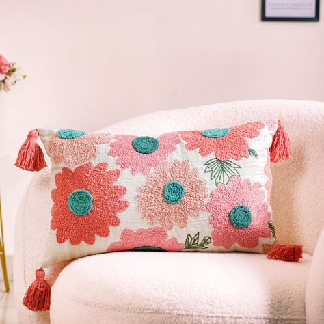 Explore floral elegance with our soft and breathable cushion covers. 🌸🌼😍 Why step outside your comfort zone when you can step right into it with your cushions? 🤭 Products included: 1. Spring Saga Embroidered Cushion Cover 20x14 Inch 2. Pink Lumbar Throw Cushion Cover With Tassels 20x12 Inch 3. Aqua Embroidered Cushion Cover Multicolour 16x16 Inch 4. Decorative Tufted Springtime Cushion Cover 16x16 Inch 5. Red Cushion Cover With Floral Embroidery 16x16 Inch 6. Ribbon And Punch Needle Embroi... Nidle Punch, Red Cushion Covers, Cushion Embroidery, Red Cushion, Couch Cushion Covers, Couch Cushion, Needle Embroidery, Punch Needle Embroidery, Embroidered Cushions